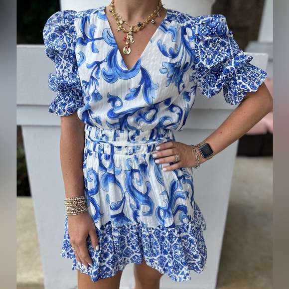 Ramy Brook Susan Watercolor Puff-Sleeve Minidress in Spring Navy Positano - Picture 5 of 11